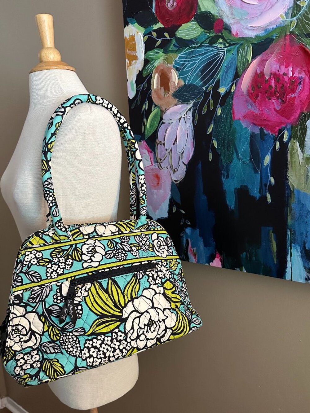 Vera Bradley Quilted Floral Satchel Handbag Aqua Blue Green Shoulder Bag